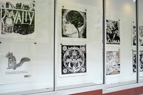 Lino-cut prints from Wayzgoose 2013, curated by Jessica Spring, on display in the Woolworth windows 